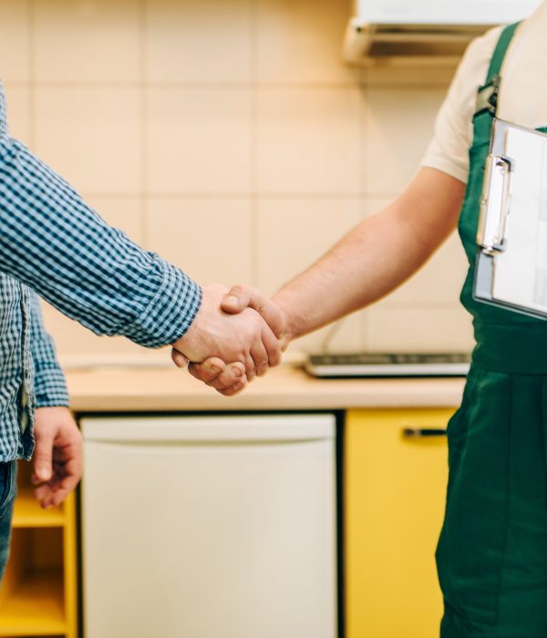 Repairman and customer shake hands, handyman